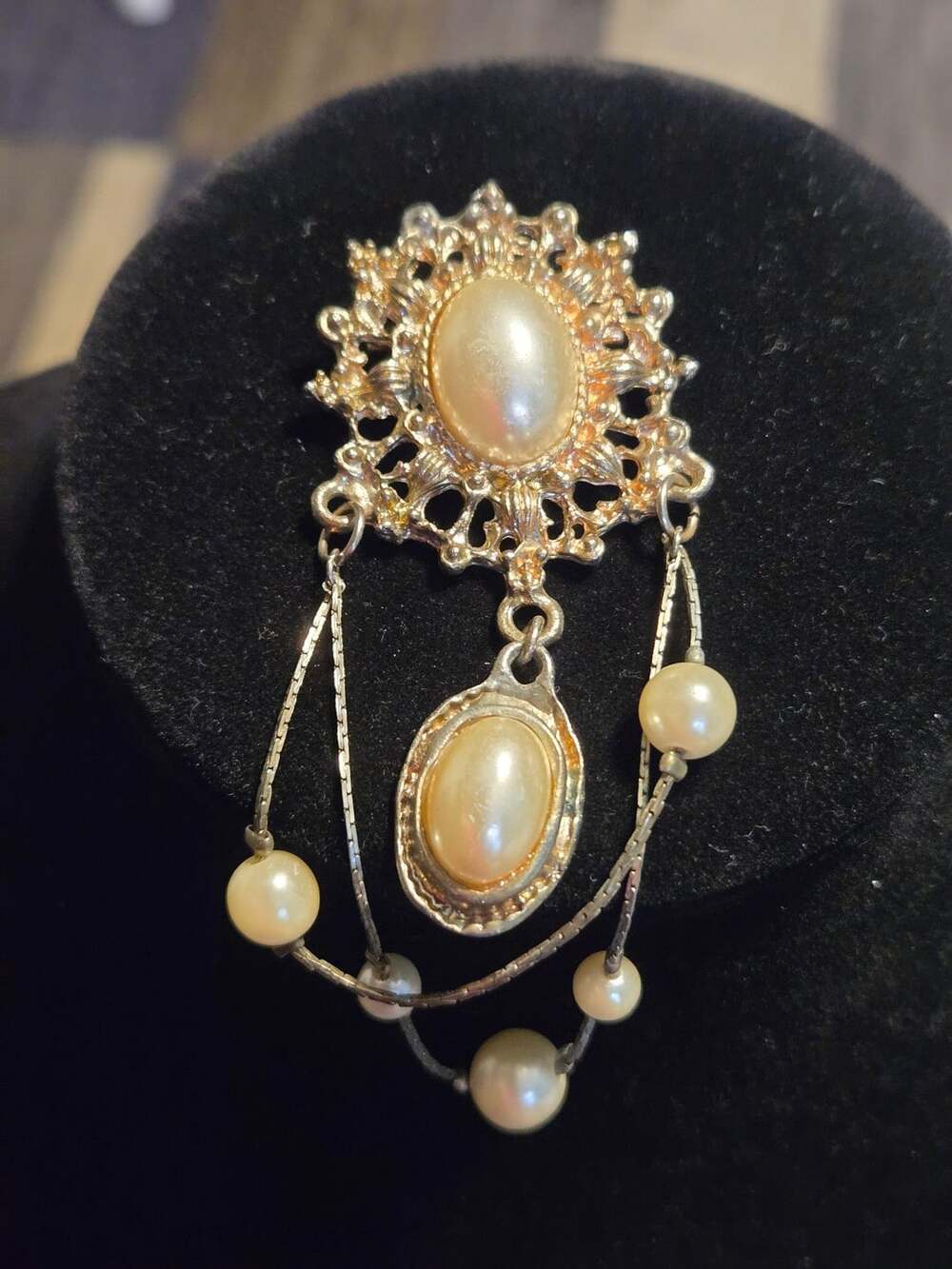 Vintage Gold Tone Filigree Brooch With Faux Pearl Centerpiece